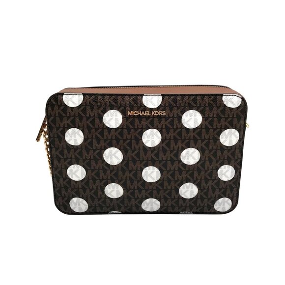 Michael Kors Brown Coated Canvas Jet Set Polkadot Crossbody Bag - Picture 1 of 11